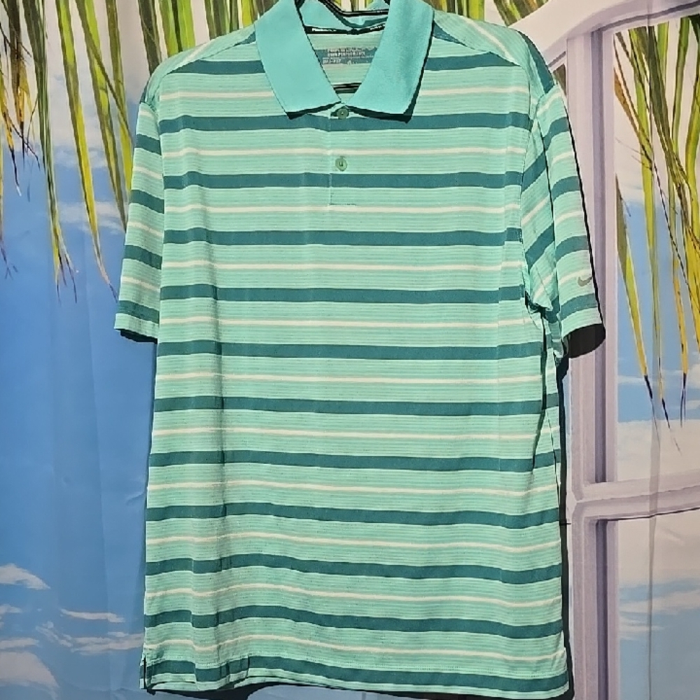 Nike Men's Polo Shirt - Teal and Green Stripes Golf Performance